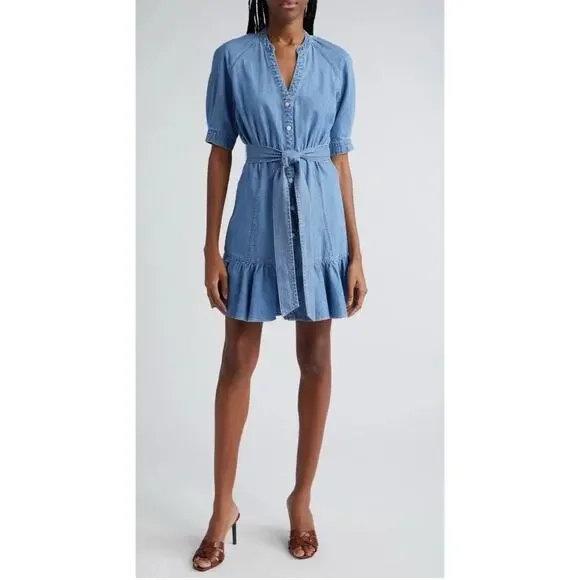 Veronica Beard blue denim Kanika flounce hem belted dress Size XXS $398 - Picture 2 of 16